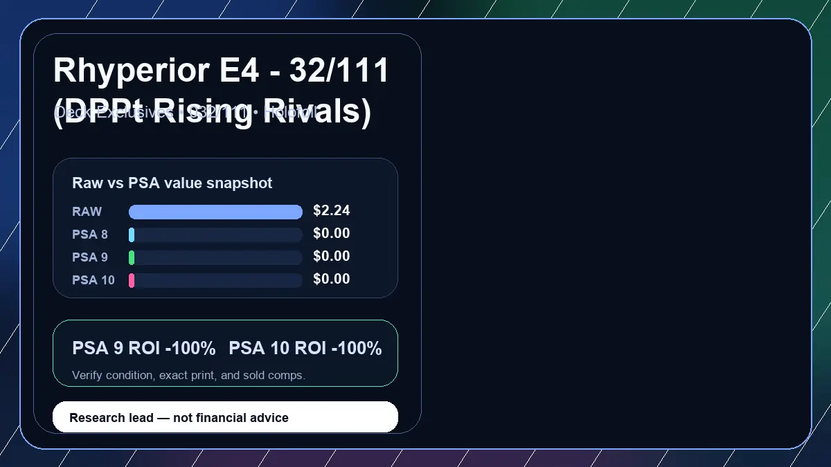Price chart for Rhyperior E4 - 32/111 (DPPt Rising Rivals) showing raw, all-in, PSA 6, PSA 7, PSA 8, PSA 9, and PSA 10 values