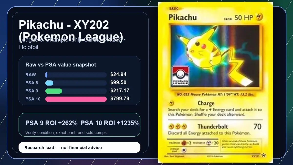 Price chart for Pikachu - XY202 (Pokemon League) showing raw, all-in, PSA 6, PSA 7, PSA 8, PSA 9, and PSA 10 values