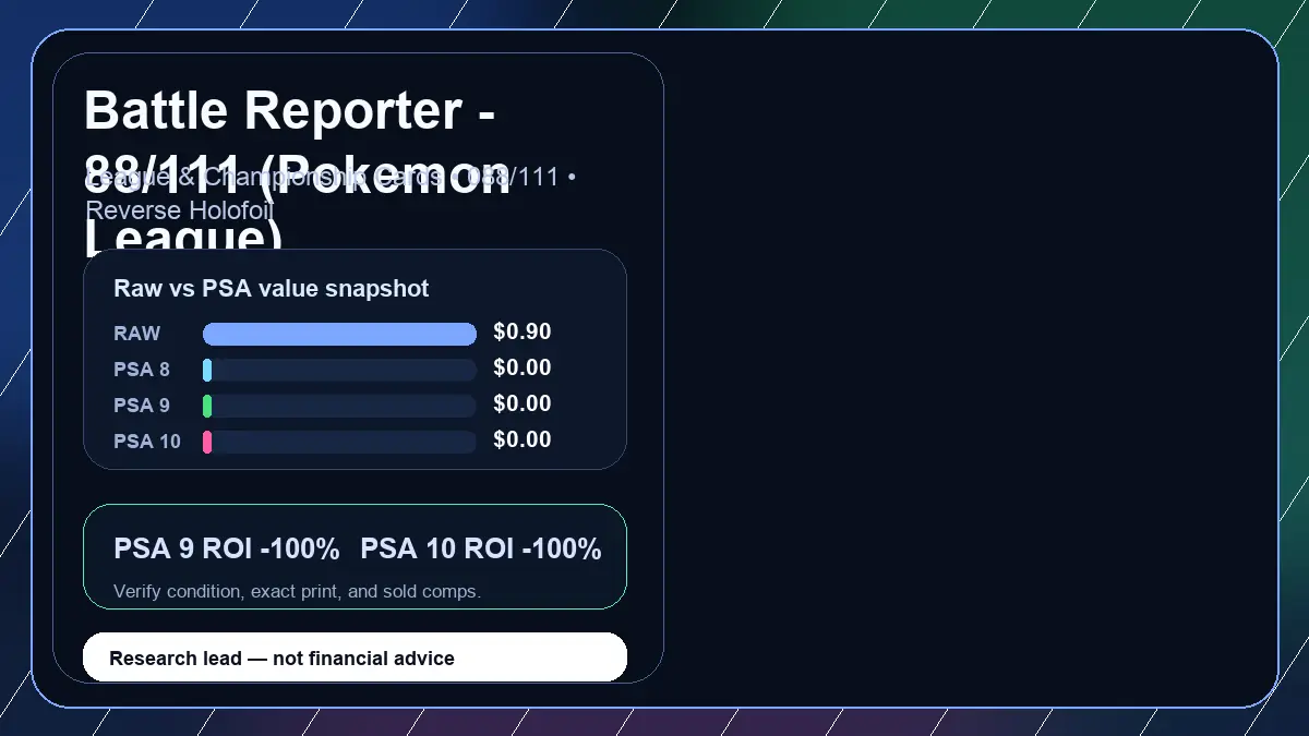 Price chart for Battle Reporter - 88/111 (Pokemon League) showing raw, all-in, PSA 6, PSA 7, PSA 8, PSA 9, and PSA 10 values