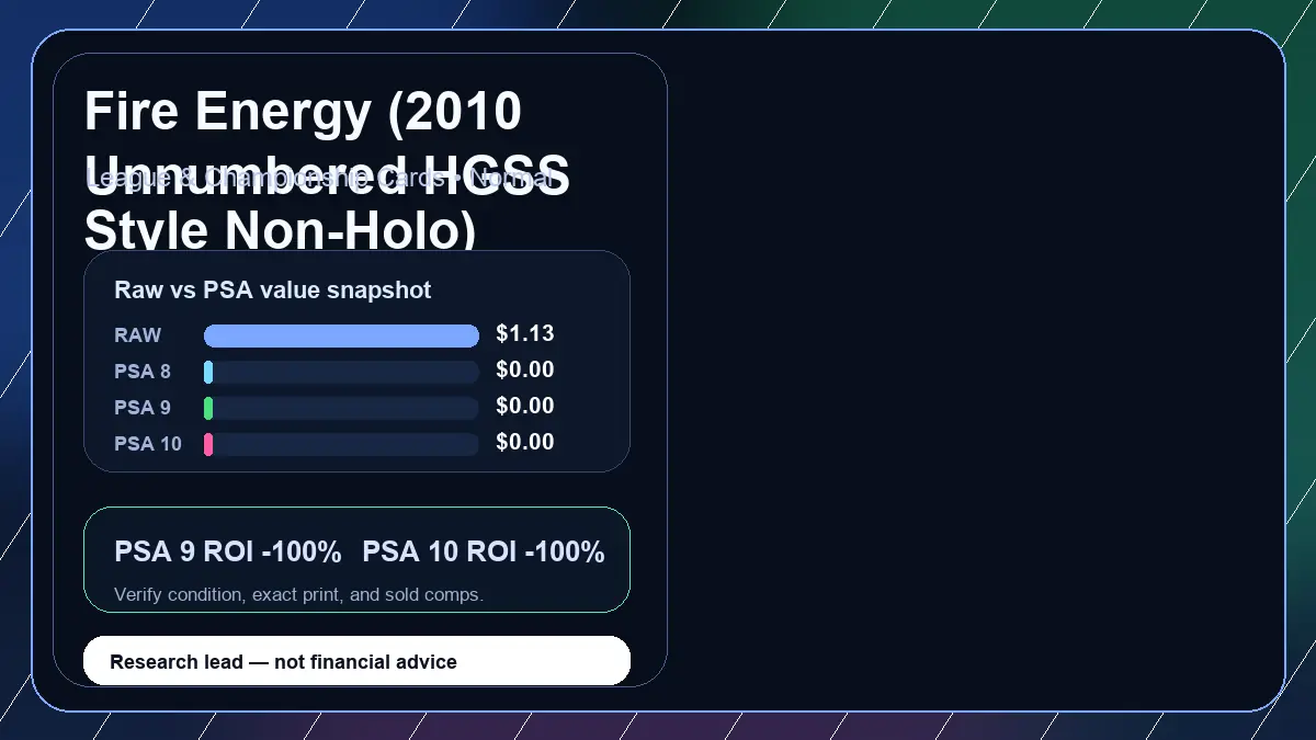 Price chart for Fire Energy (2010 Unnumbered HGSS Style Non-Holo) showing raw, all-in, PSA 6, PSA 7, PSA 8, PSA 9, and PSA 10 values