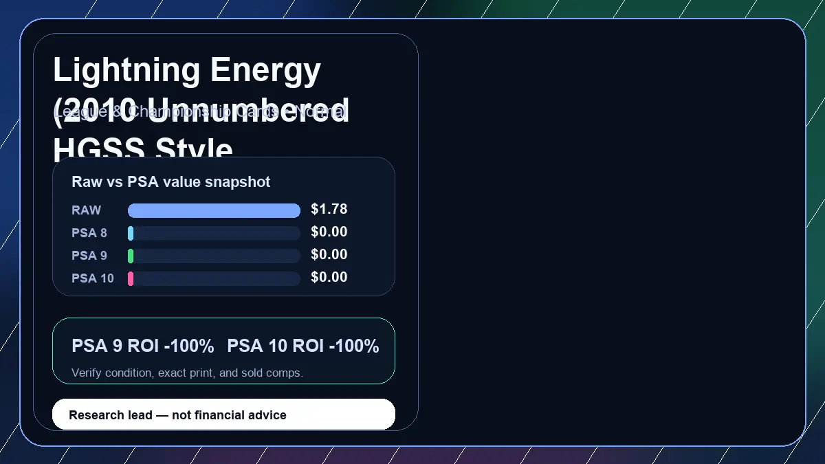 Price chart for Lightning Energy (2010 Unnumbered HGSS Style Non-Holo) showing raw, all-in, PSA 6, PSA 7, PSA 8, PSA 9, and PSA 10 values