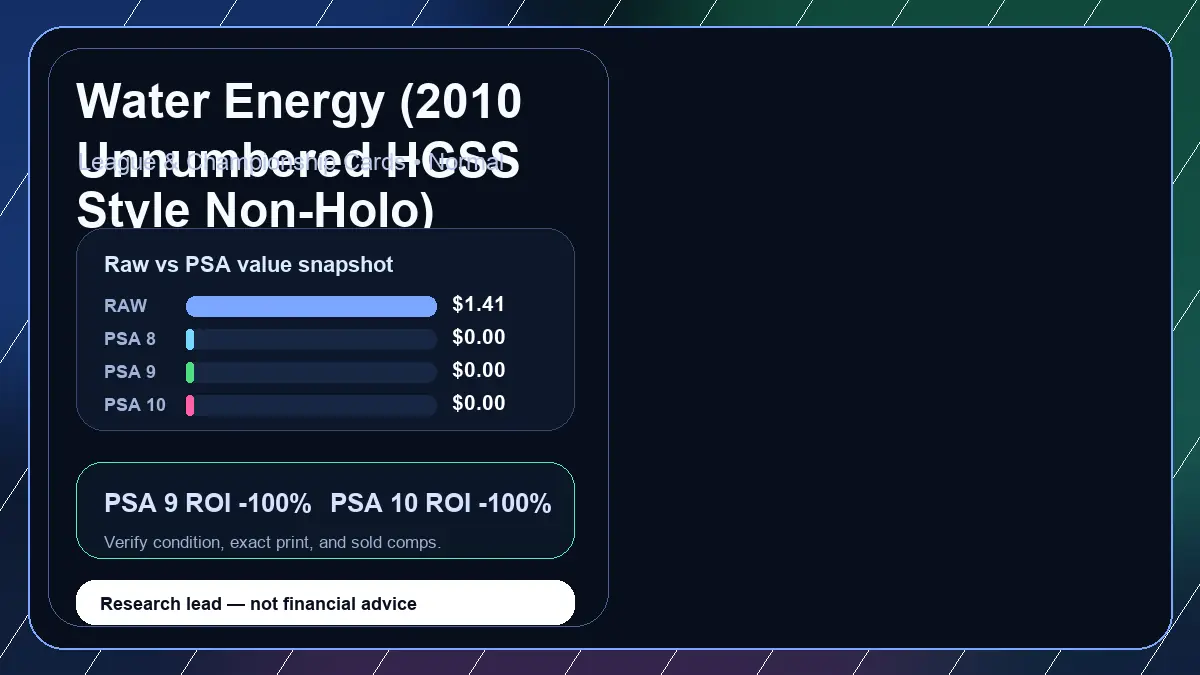 Price chart for Water Energy (2010 Unnumbered HGSS Style Non-Holo) showing raw, all-in, PSA 6, PSA 7, PSA 8, PSA 9, and PSA 10 values