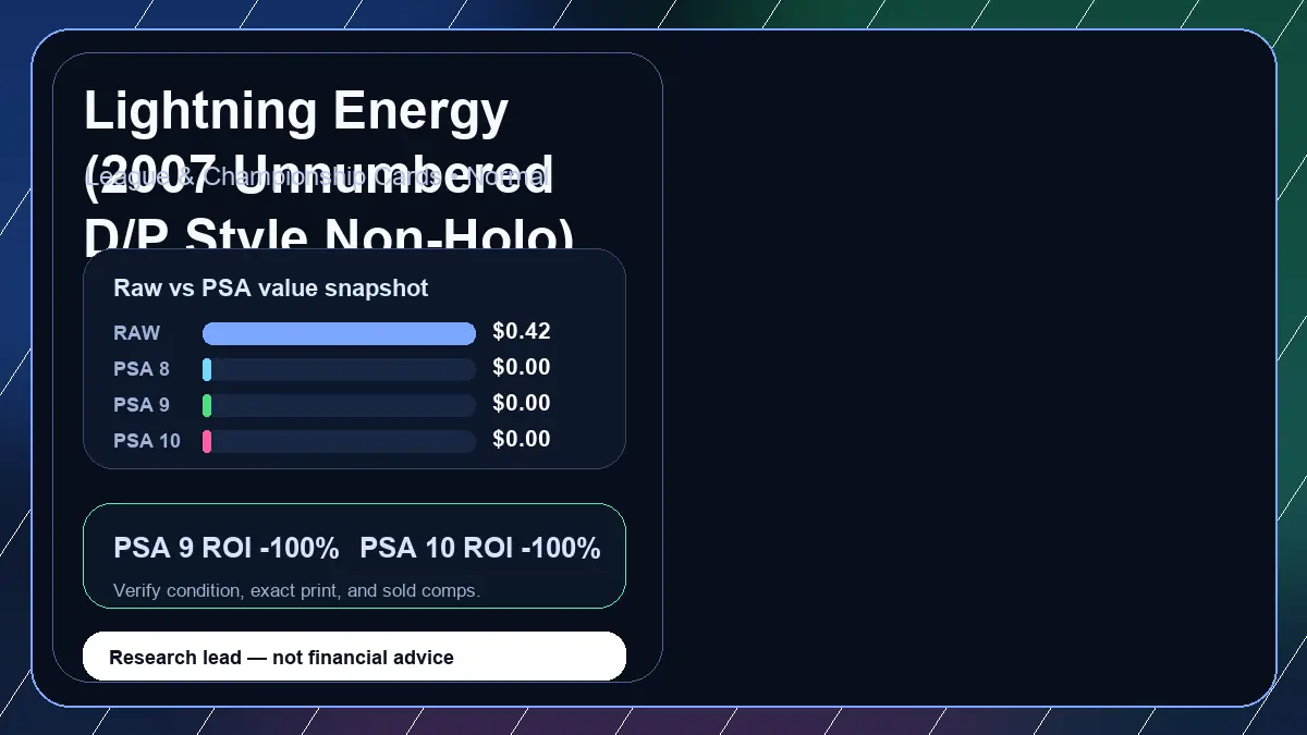 Price chart for Lightning Energy (2007 Unnumbered D/P Style Non-Holo) showing raw, all-in, PSA 6, PSA 7, PSA 8, PSA 9, and PSA 10 values