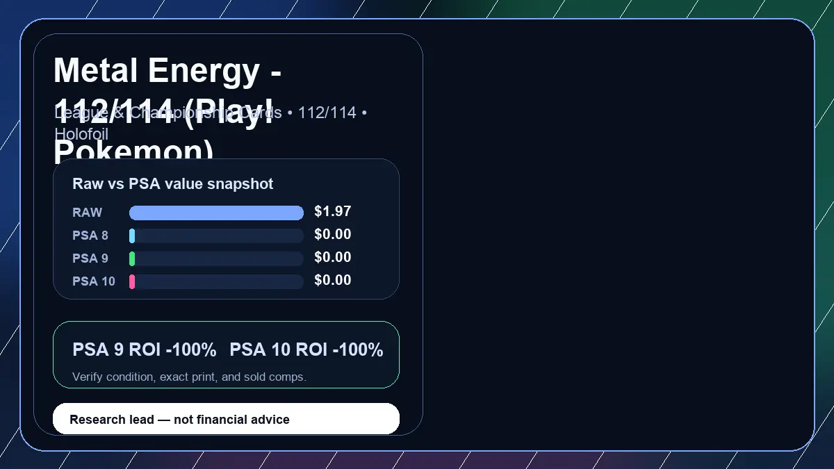 Price chart for Metal Energy - 112/114 (Play! Pokemon) showing raw, all-in, PSA 6, PSA 7, PSA 8, PSA 9, and PSA 10 values