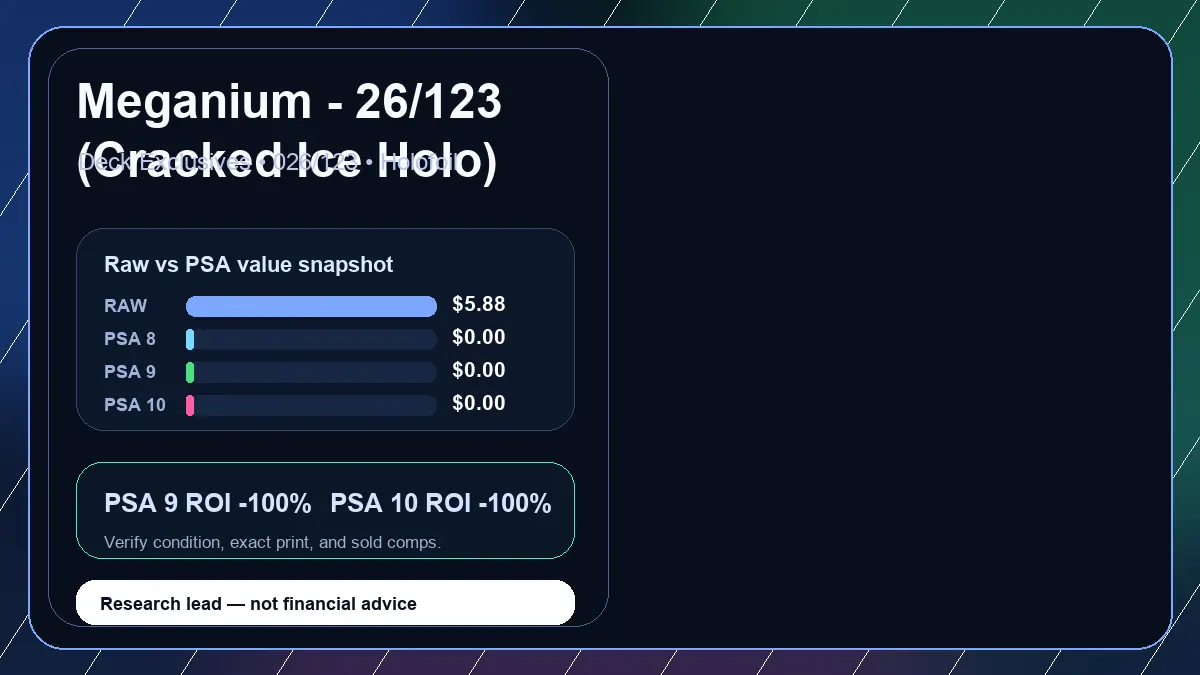 Price chart for Meganium - 26/123 (Cracked Ice Holo) showing raw, all-in, PSA 6, PSA 7, PSA 8, PSA 9, and PSA 10 values