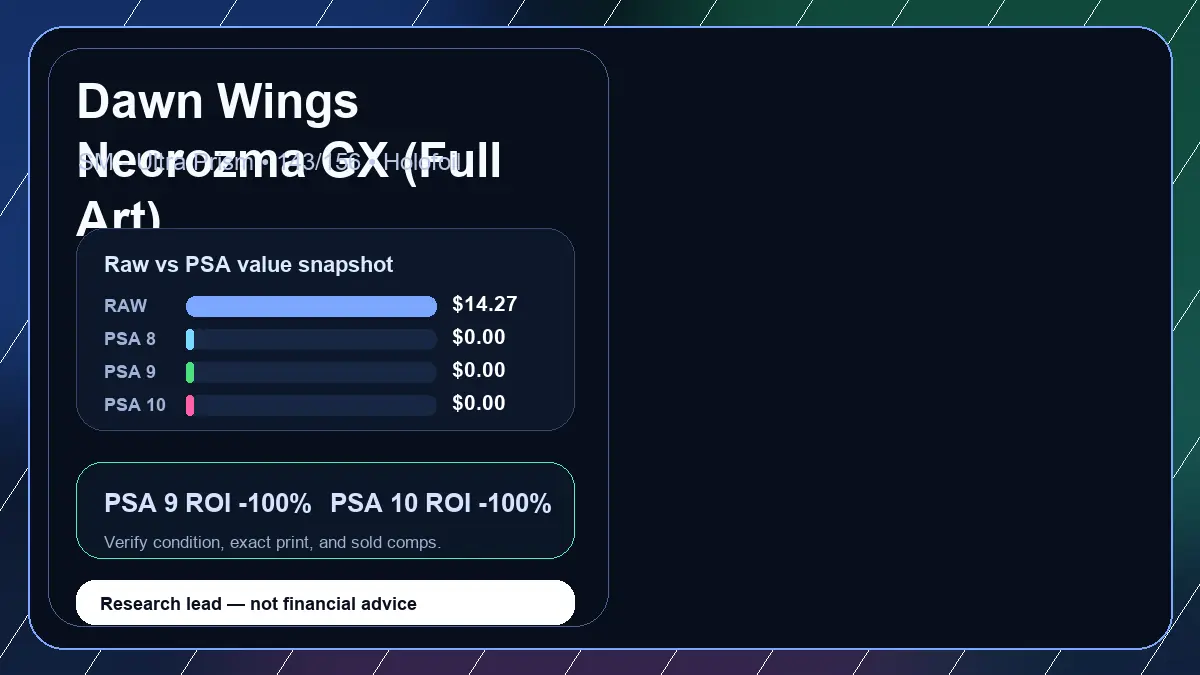 Price chart for Dawn Wings Necrozma GX (Full Art) showing raw, all-in, PSA 6, PSA 7, PSA 8, PSA 9, and PSA 10 values