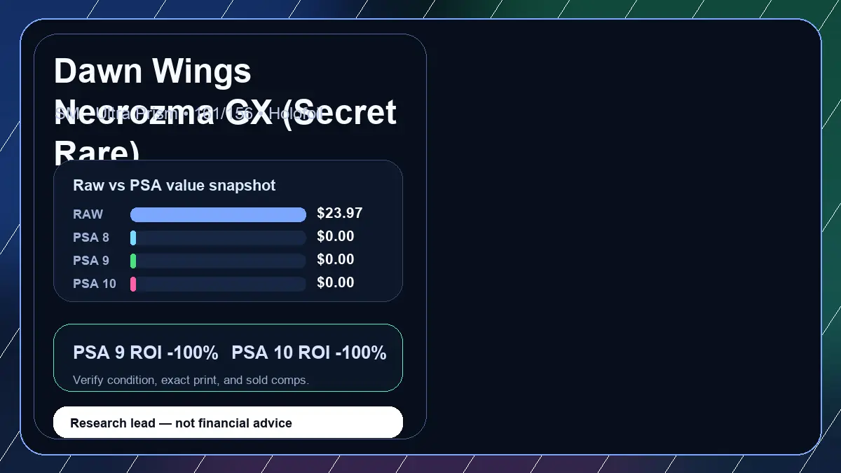 Price chart for Dawn Wings Necrozma GX (Secret Rare) showing raw, all-in, PSA 6, PSA 7, PSA 8, PSA 9, and PSA 10 values
