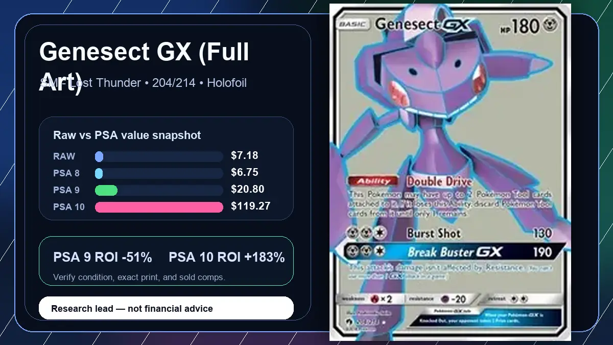 Price chart for Genesect GX (Full Art) showing raw, all-in, PSA 6, PSA 7, PSA 8, PSA 9, and PSA 10 values