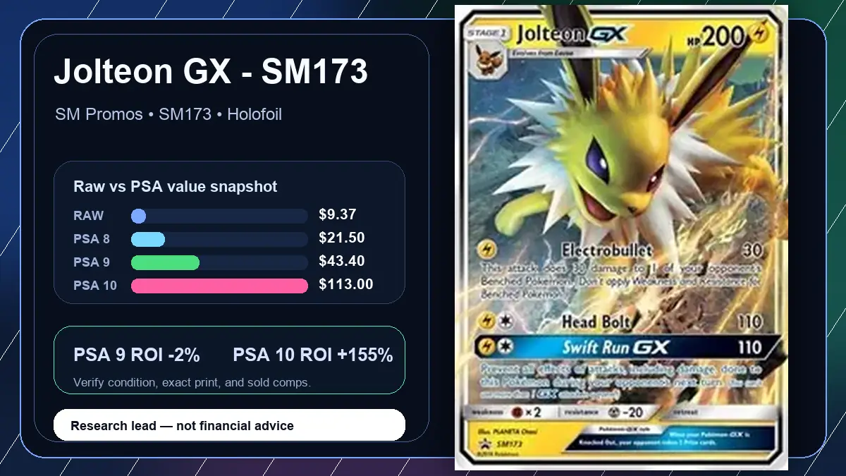 Price chart for Jolteon GX - SM173 showing raw, all-in, PSA 6, PSA 7, PSA 8, PSA 9, and PSA 10 values