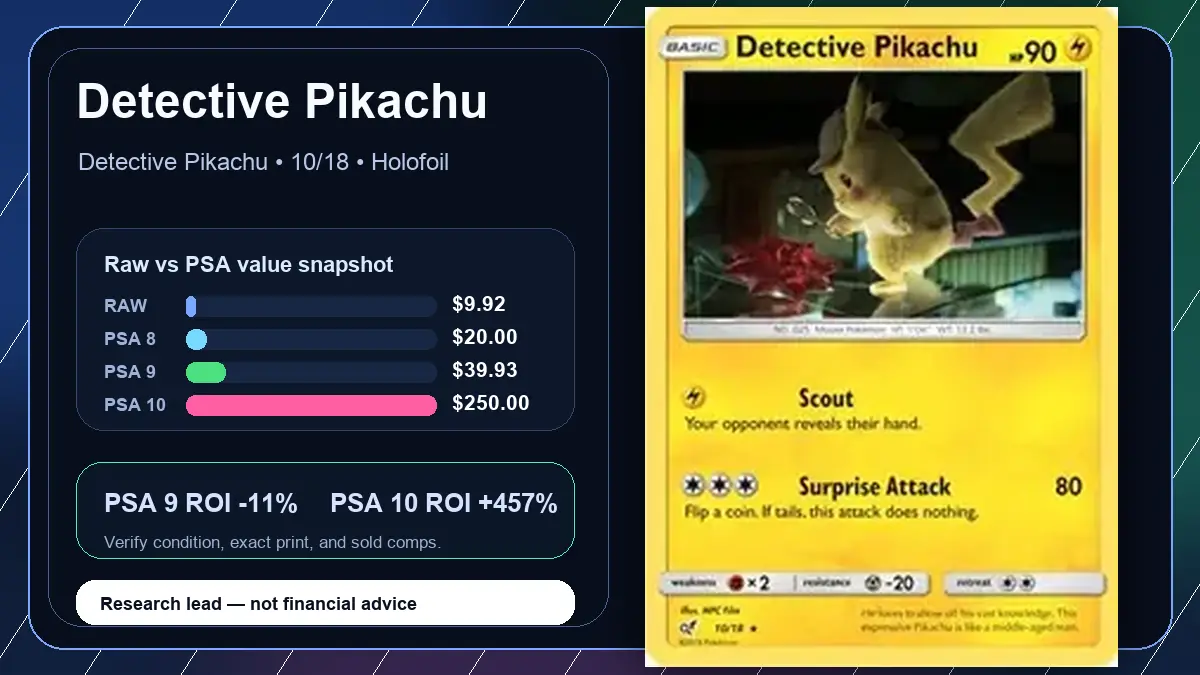 Price chart for Detective Pikachu showing raw, all-in, PSA 6, PSA 7, PSA 8, PSA 9, and PSA 10 values