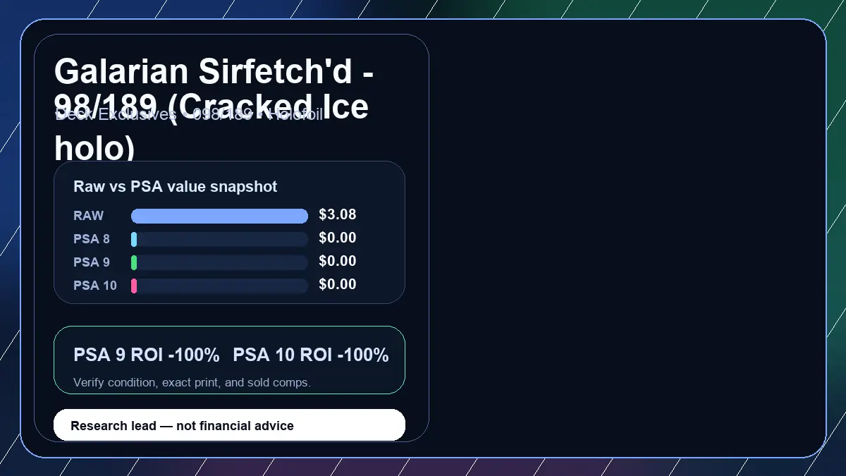 Price chart for Galarian Sirfetch'd - 98/189 (Cracked Ice holo) showing raw, all-in, PSA 6, PSA 7, PSA 8, PSA 9, and PSA 10 values