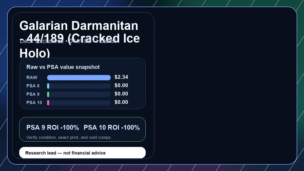Price chart for Galarian Darmanitan - 44/189 (Cracked Ice Holo) showing raw, all-in, PSA 6, PSA 7, PSA 8, PSA 9, and PSA 10 values