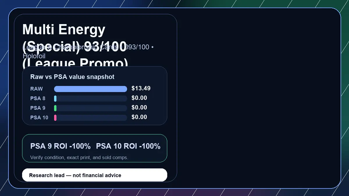 Price chart for Multi Energy (Special) 93/100 (League Promo) showing raw, all-in, PSA 6, PSA 7, PSA 8, PSA 9, and PSA 10 values