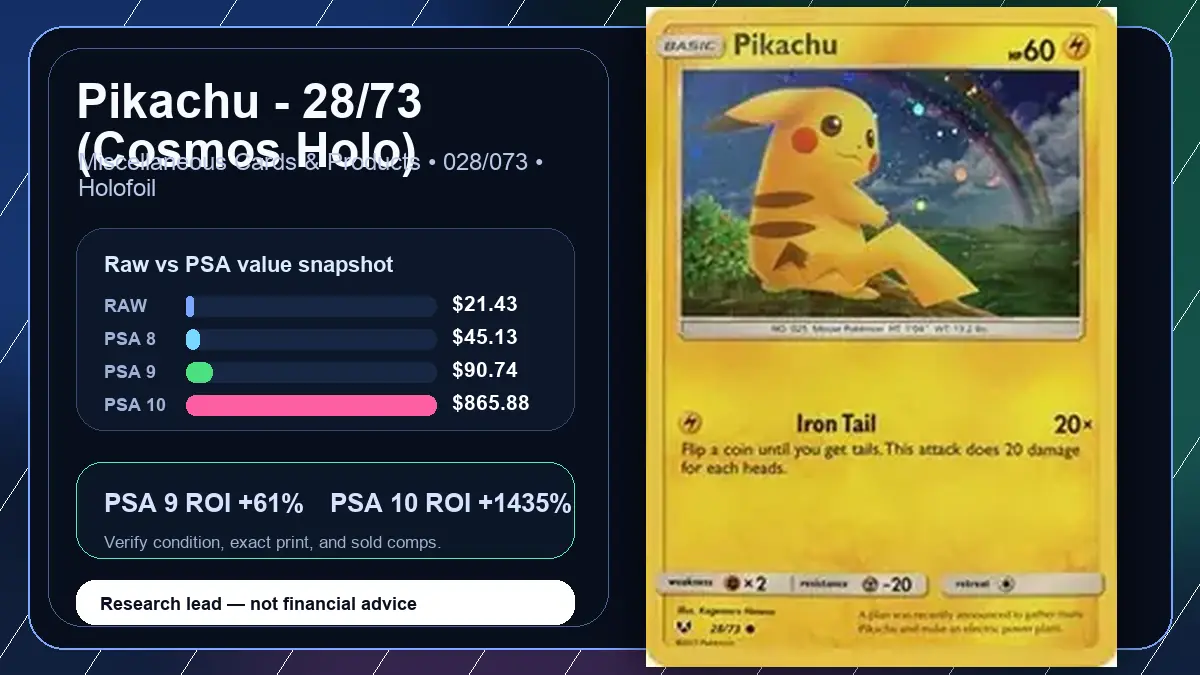 Price chart for Pikachu - 28/73 (Cosmos Holo) showing raw, all-in, PSA 6, PSA 7, PSA 8, PSA 9, and PSA 10 values