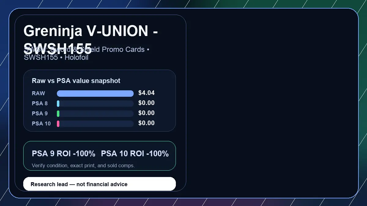 Price chart for Greninja V-UNION - SWSH155 showing raw, all-in, PSA 6, PSA 7, PSA 8, PSA 9, and PSA 10 values
