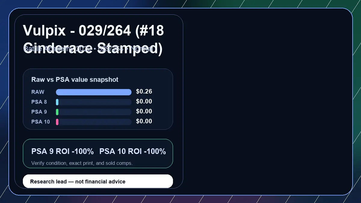 Price chart for Vulpix - 029/264 (#18 Cinderace Stamped) showing raw, all-in, PSA 6, PSA 7, PSA 8, PSA 9, and PSA 10 values
