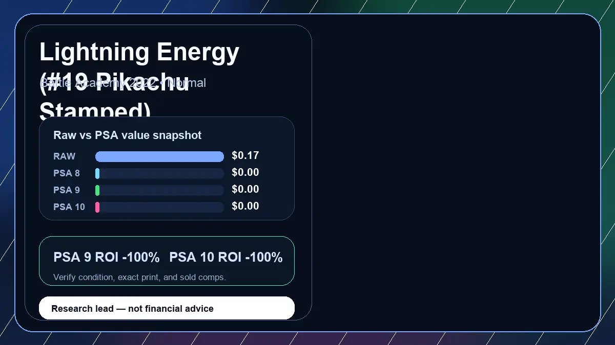 Price chart for Lightning Energy (#19 Pikachu Stamped) showing raw, all-in, PSA 6, PSA 7, PSA 8, PSA 9, and PSA 10 values