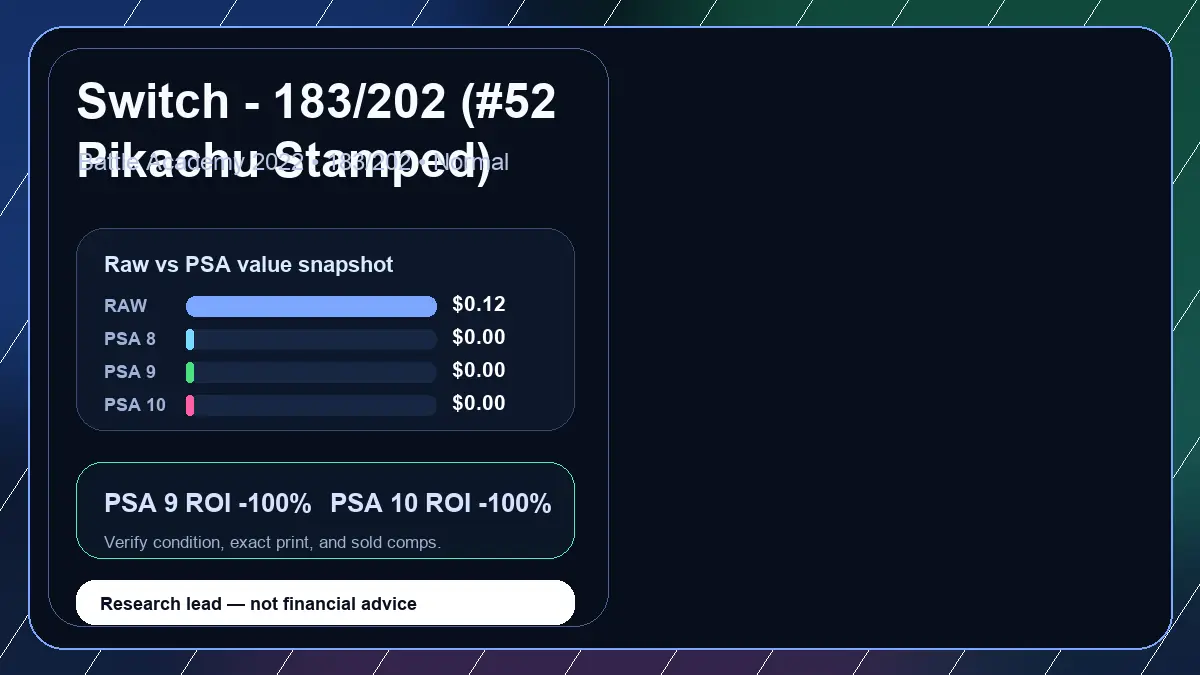 Price chart for Switch - 183/202 (#52 Pikachu Stamped) showing raw, all-in, PSA 6, PSA 7, PSA 8, PSA 9, and PSA 10 values