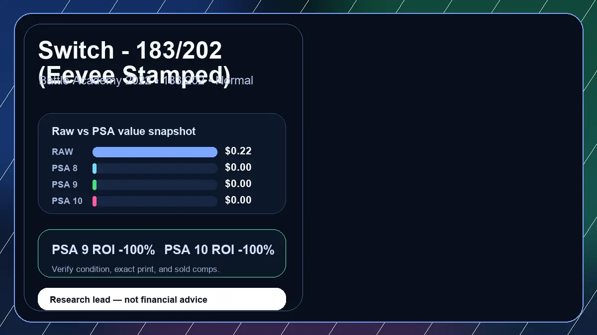 Price chart for Switch - 183/202 (Eevee Stamped) showing raw, all-in, PSA 6, PSA 7, PSA 8, PSA 9, and PSA 10 values