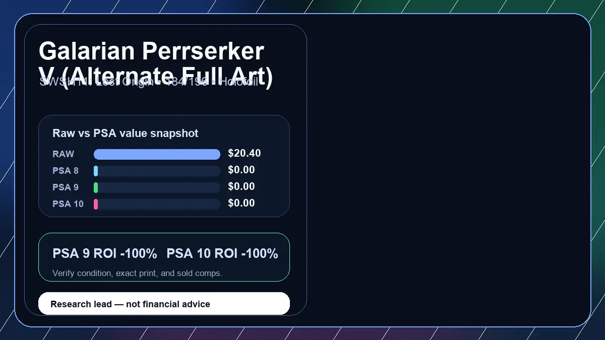 Price chart for Galarian Perrserker V (Alternate Full Art) showing raw, all-in, PSA 6, PSA 7, PSA 8, PSA 9, and PSA 10 values