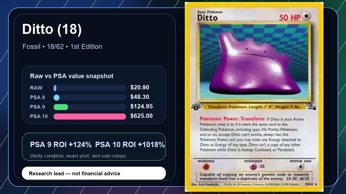 Price chart for Ditto (18) showing raw, all-in, PSA 6, PSA 7, PSA 8, PSA 9, and PSA 10 values
