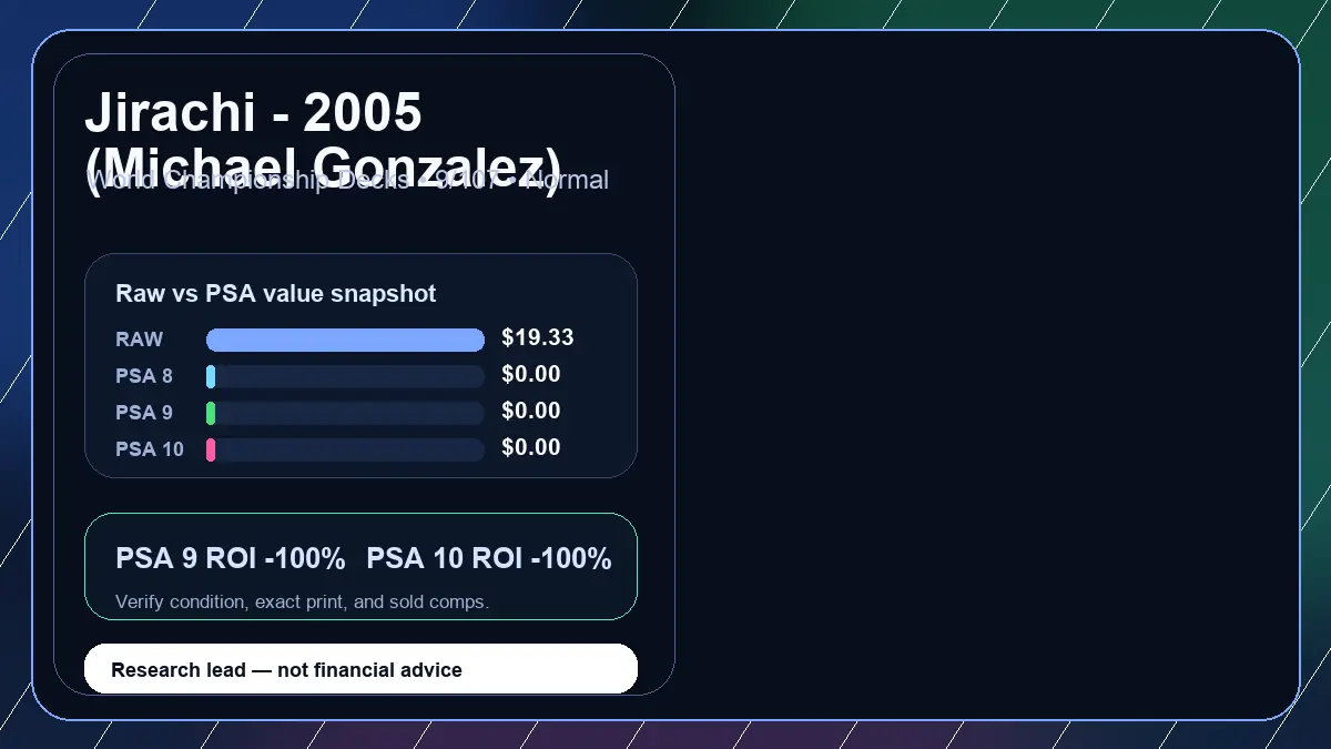 Price chart for Jirachi - 2005 (Michael Gonzalez) showing raw, all-in, PSA 6, PSA 7, PSA 8, PSA 9, and PSA 10 values