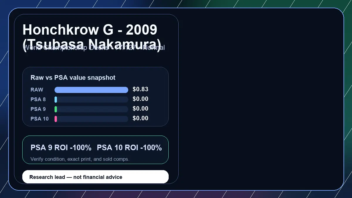 Price chart for Honchkrow G - 2009 (Tsubasa Nakamura) showing raw, all-in, PSA 6, PSA 7, PSA 8, PSA 9, and PSA 10 values