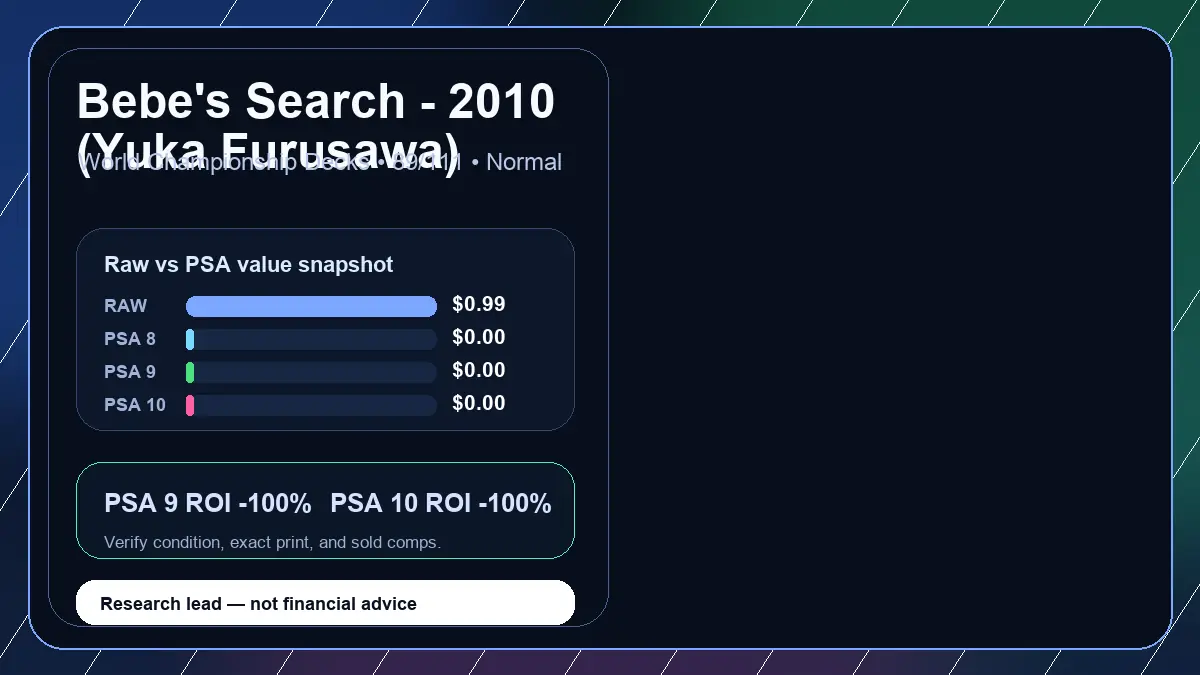 Price chart for Bebe's Search - 2010 (Yuka Furusawa) showing raw, all-in, PSA 6, PSA 7, PSA 8, PSA 9, and PSA 10 values
