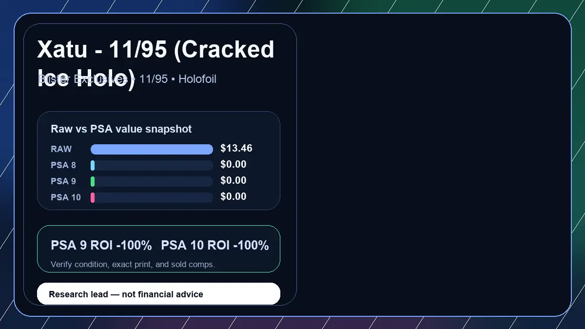 Price chart for Xatu - 11/95 (Cracked Ice Holo) showing raw, all-in, PSA 6, PSA 7, PSA 8, PSA 9, and PSA 10 values