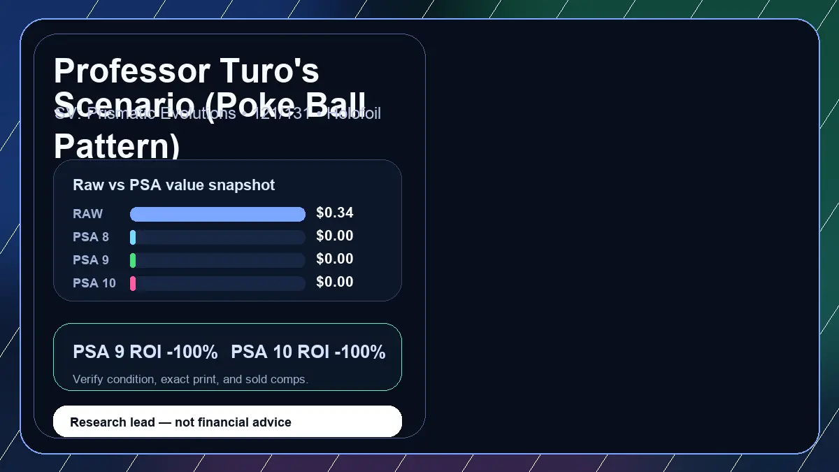 Price chart for Professor Turo's Scenario (Poke Ball Pattern) showing raw, all-in, PSA 6, PSA 7, PSA 8, PSA 9, and PSA 10 values