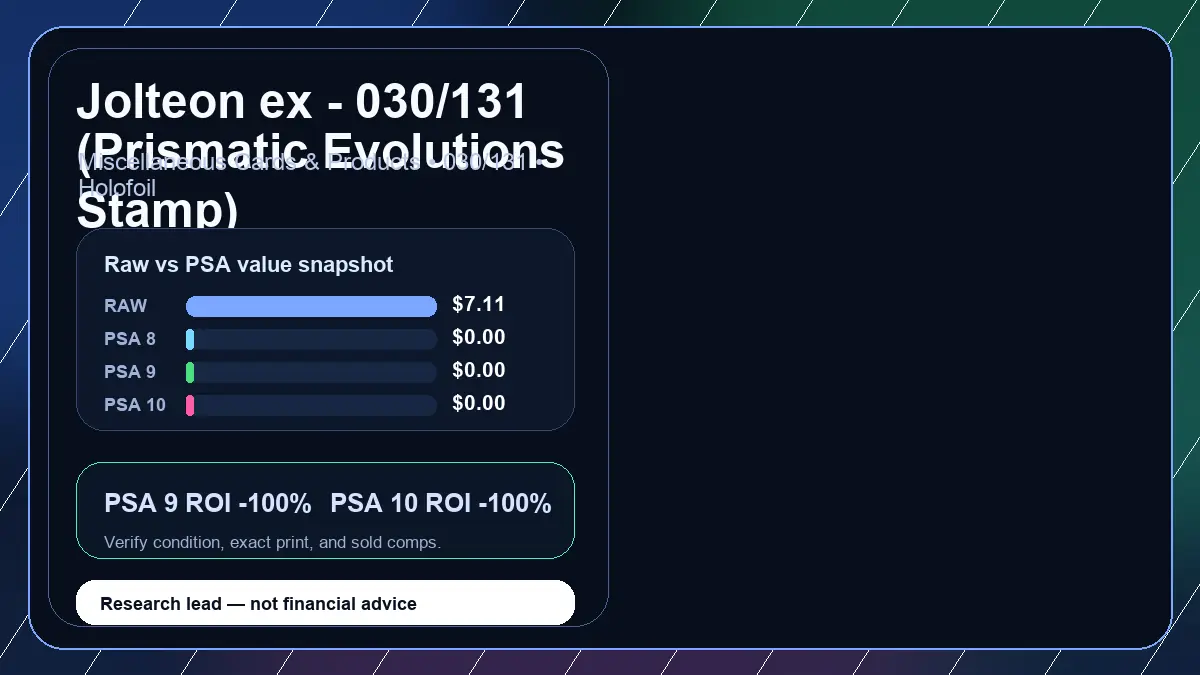Price chart for Jolteon ex - 030/131 (Prismatic Evolutions Stamp) showing raw, all-in, PSA 6, PSA 7, PSA 8, PSA 9, and PSA 10 values