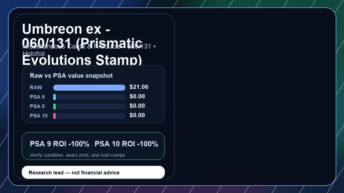 Price chart for Umbreon ex - 060/131 (Prismatic Evolutions Stamp) showing raw, all-in, PSA 6, PSA 7, PSA 8, PSA 9, and PSA 10 values