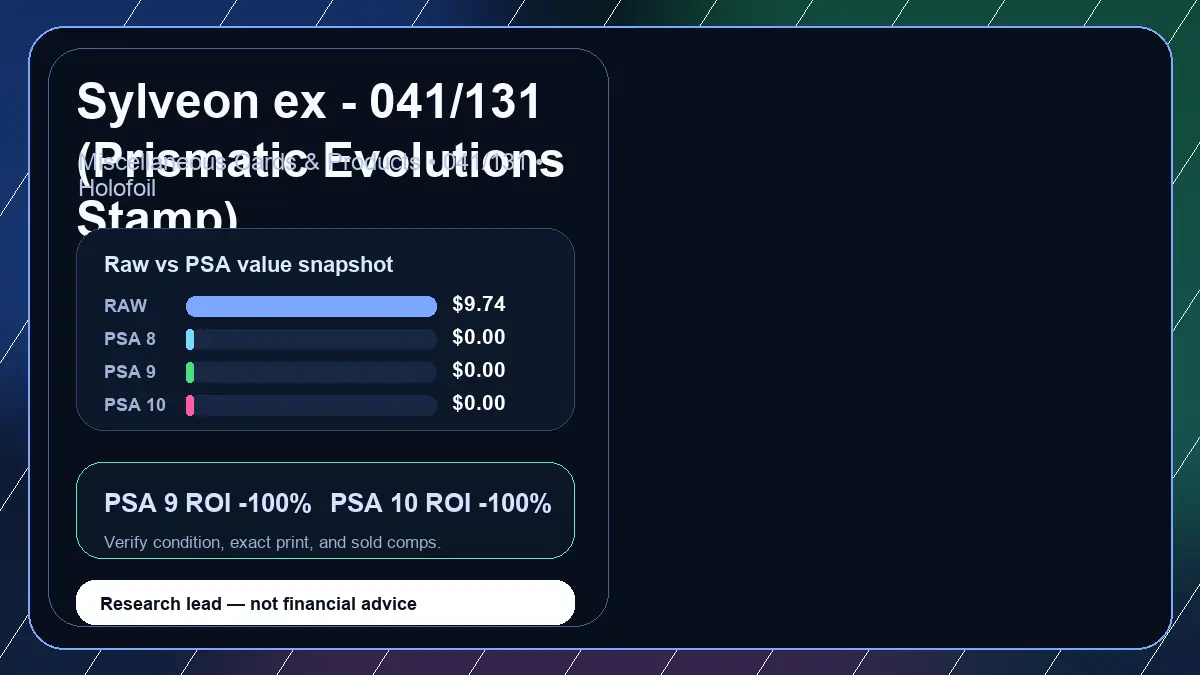 Price chart for Sylveon ex - 041/131 (Prismatic Evolutions Stamp) showing raw, all-in, PSA 6, PSA 7, PSA 8, PSA 9, and PSA 10 values