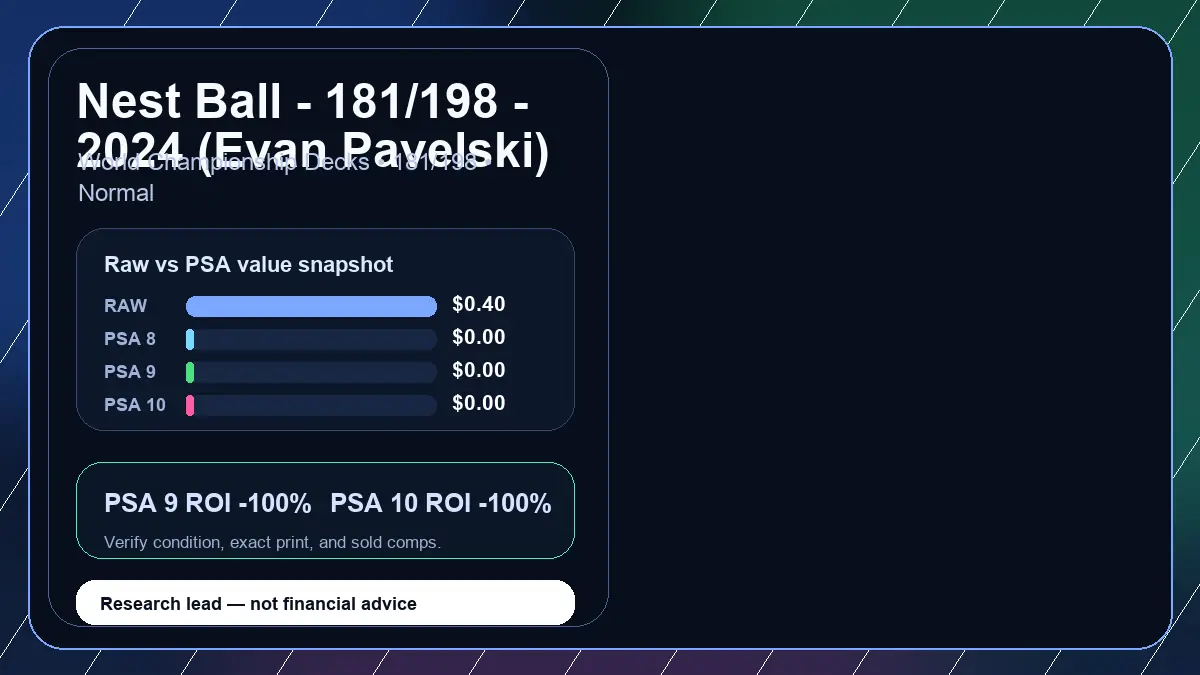 Price chart for Nest Ball - 181/198 - 2024 (Evan Pavelski) showing raw, all-in, PSA 6, PSA 7, PSA 8, PSA 9, and PSA 10 values