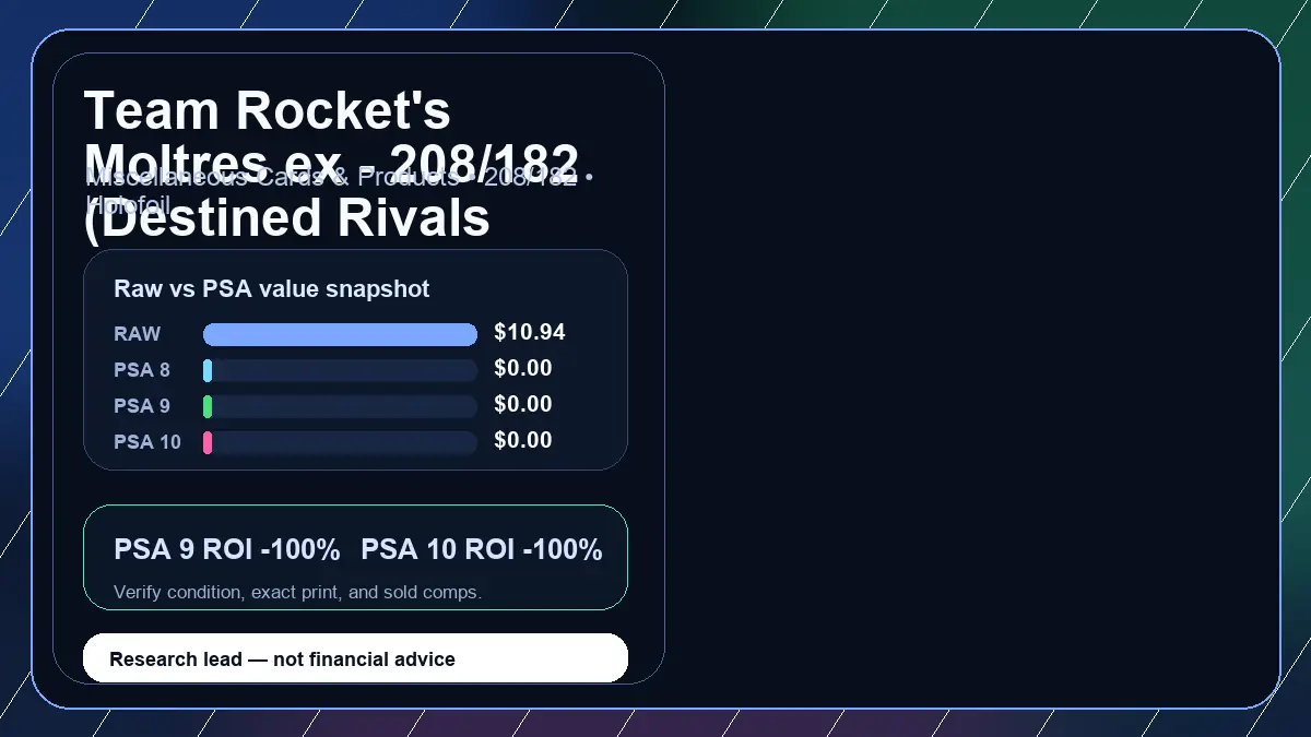 Price chart for Team Rocket's Moltres ex - 208/182 (Destined Rivals Stamp) showing raw, all-in, PSA 6, PSA 7, PSA 8, PSA 9, and PSA 10 values