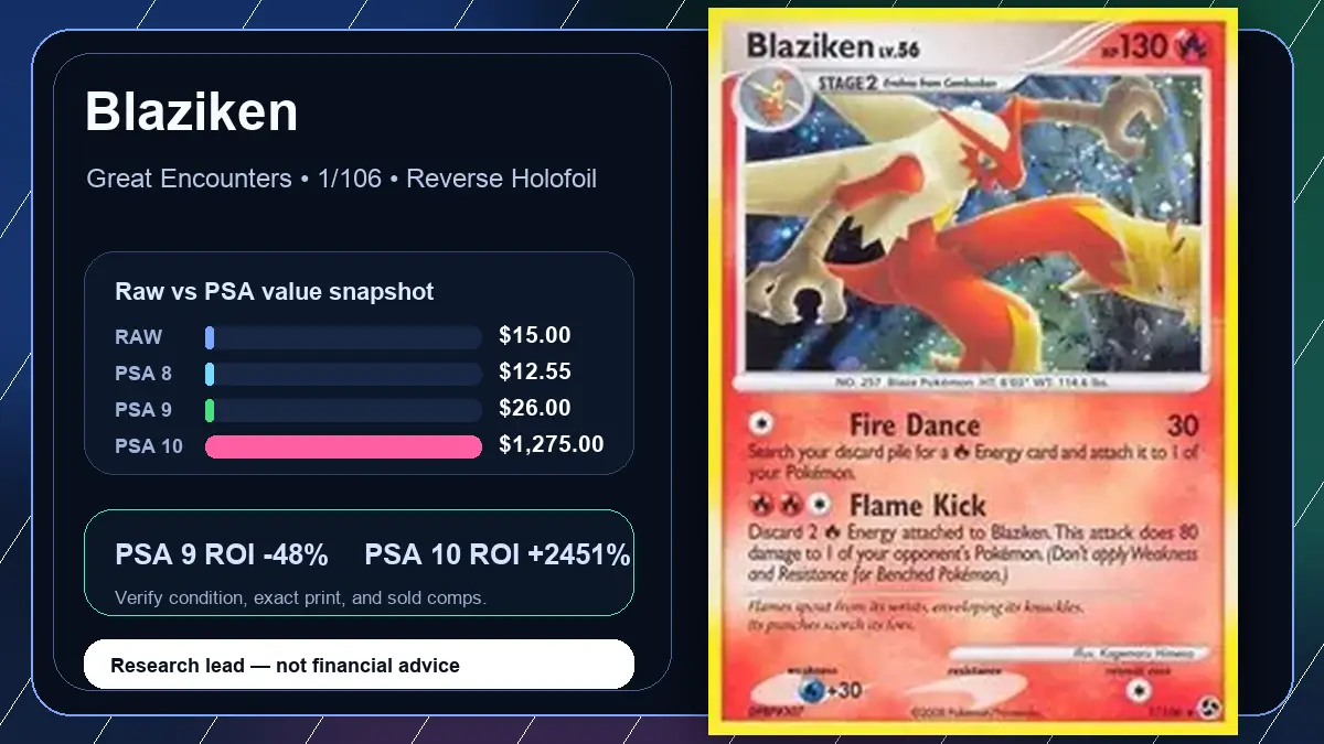 Price chart for Blaziken showing raw, all-in, PSA 6, PSA 7, PSA 8, PSA 9, and PSA 10 values