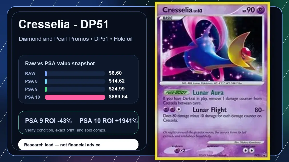 Price chart for Cresselia - DP51 showing raw, all-in, PSA 6, PSA 7, PSA 8, PSA 9, and PSA 10 values