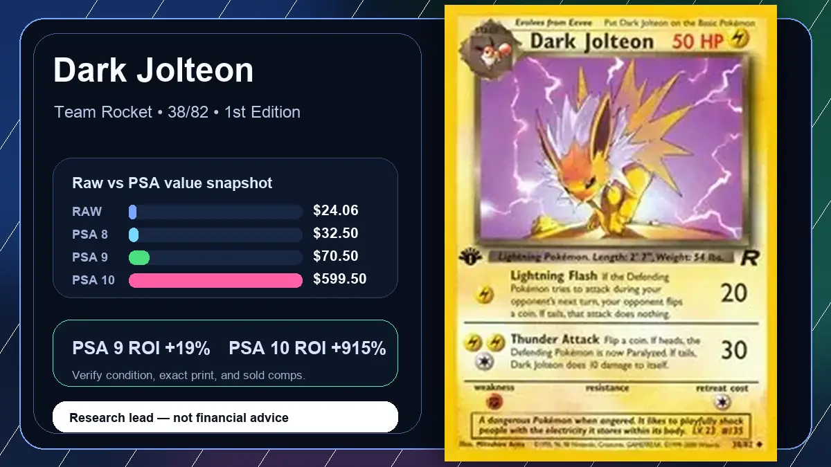 Price chart for Dark Jolteon showing raw, all-in, PSA 6, PSA 7, PSA 8, PSA 9, and PSA 10 values