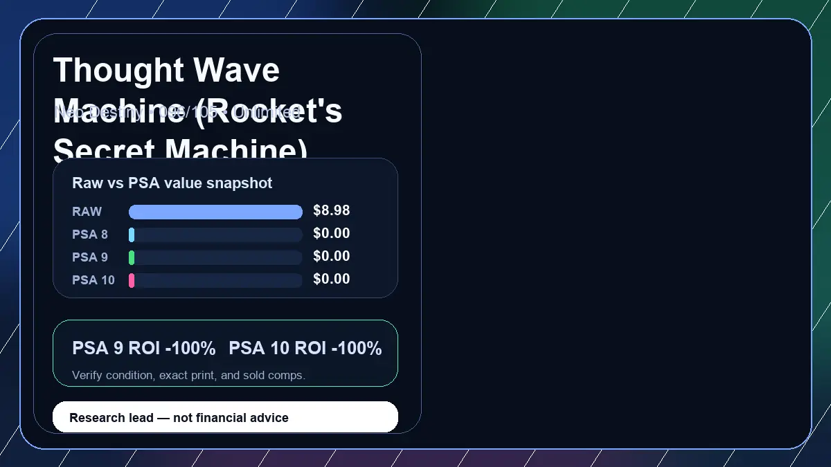 Price chart for Thought Wave Machine (Rocket's Secret Machine) showing raw, all-in, PSA 6, PSA 7, PSA 8, PSA 9, and PSA 10 values